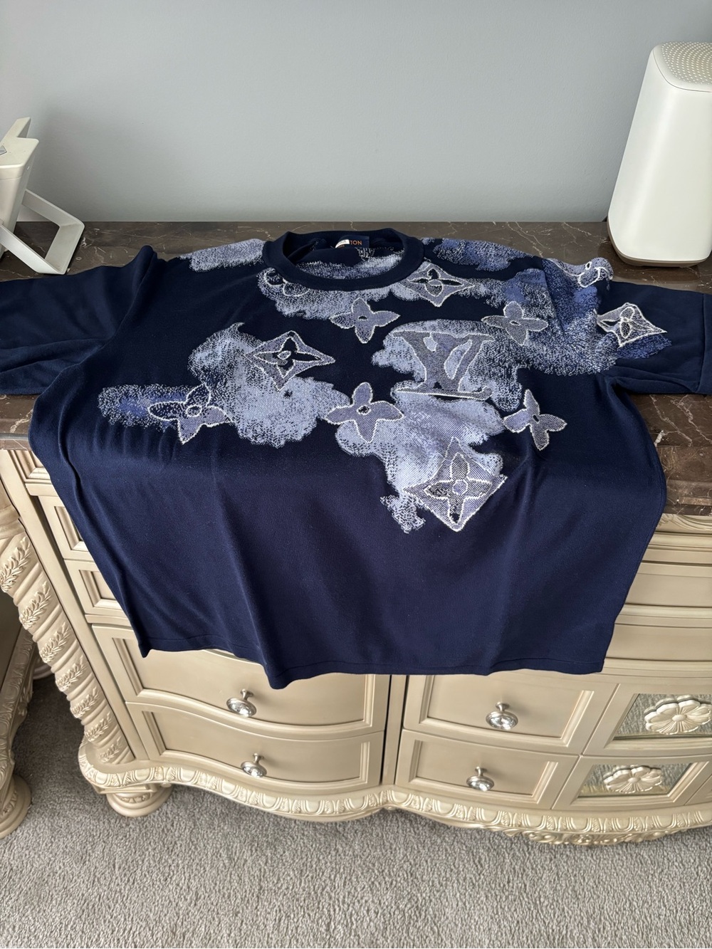 Louis Vuitton Navy Blue Short-Sleeve Tee with Light Gray Monogram Print.